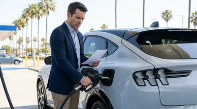 Person checking paperwork next to a white car rental vehicle at a sunny parking lot in California
