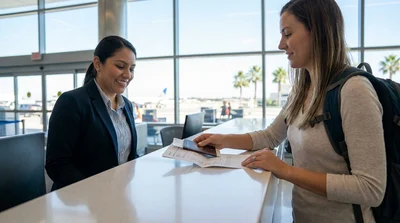 Traveler showing documents at a car rental counter in a Los Angeles airport terminal