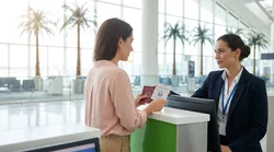 A customer holding a driver's license and keys outside a car rental office in Florida