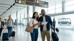 Passengers with luggage outside JFK Terminal 5 in New York waiting for a car rental shuttle