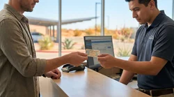 Customer handing a driving licence to an agent at a car rental desk in Texas