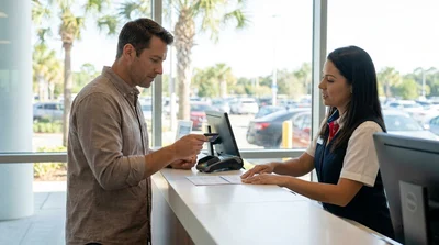 Customer handing a credit card to a staff member at a car hire desk in Orlando