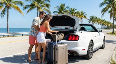 Luggage next to an open trunk of a white car rental parked along a scenic coastal road in Florida