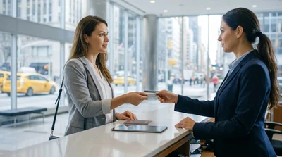 Customer handing a credit card to an agent at a car rental counter in New York