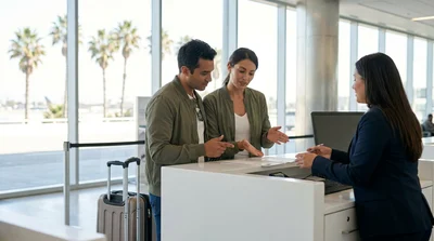 Person signing a document at a Los Angeles car hire counter next to car keys