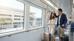 Elevated MIA Mover train approaching the airport car hire center in Miami
