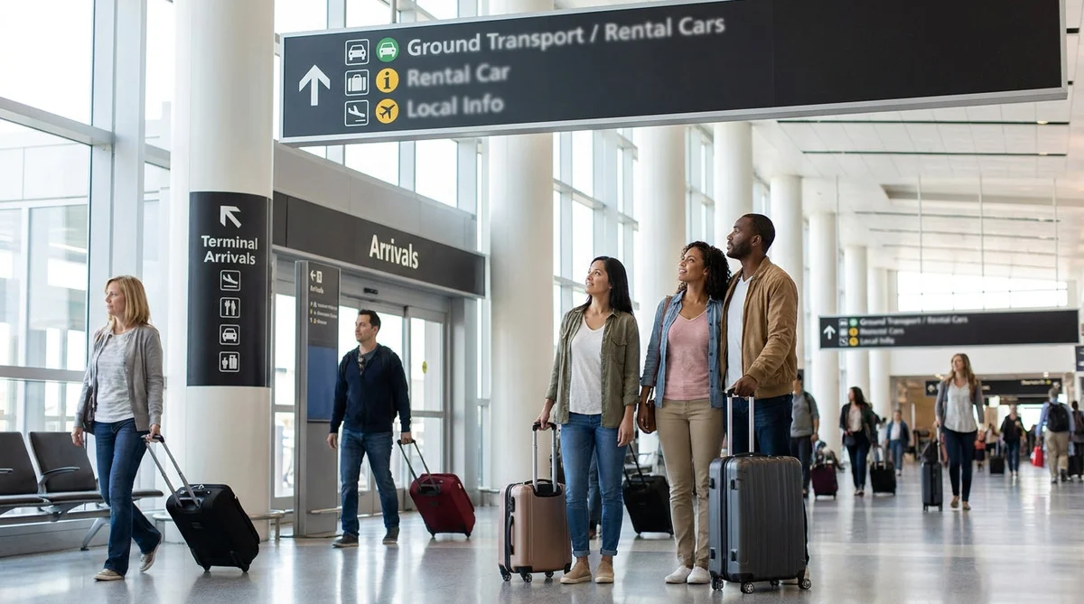 Travelers with luggage walking through JFK Terminal 4 in New York toward the car rental center
