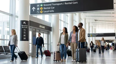 Travelers with luggage walking through JFK Terminal 4 in New York toward the car rental center