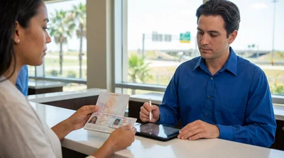 A person presenting a passport and driver's licence at a car rental desk in Texas