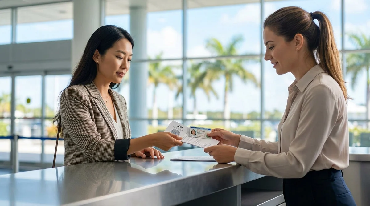 Hands gripping the steering wheel of a car rental driving on a sunny Florida highway