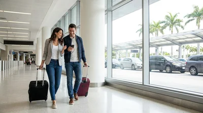 Travelers with luggage walking from a rideshare drop-off zone toward the car hire area at Orlando airport
