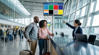 Travelers with luggage waiting at a shared car hire counter inside a New York airport terminal