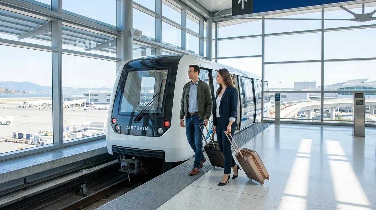 Red AirTrain arriving at the San Francisco airport car rental center