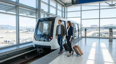 Red AirTrain arriving at the San Francisco airport car rental center