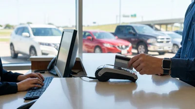 Man handing a corporate credit card to an agent at a car hire counter in Texas