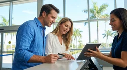 Customer handing a credit card to an agent at a car rental counter in sunny Florida