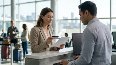 Customer presenting documents to staff at a New York car rental desk
