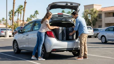 Two large suitcases in the open trunk of a compact car rental parked on a sunny California street