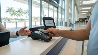 Person handing a credit card to an agent at a car rental desk in Miami Airport