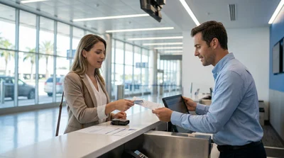 Customer showing documents to an agent at a car rental desk in the United States