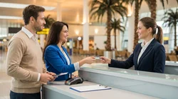 Customer handing a credit card to an agent at an Orlando car rental desk