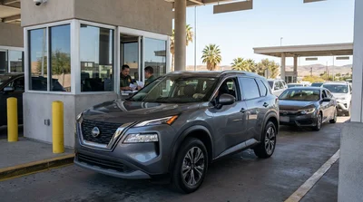 A modern car rental driving along a sunny desert highway in California