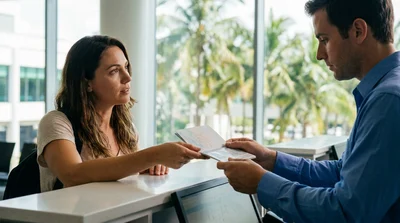 Traveler holding a passport and keys for a car rental near palm trees in Miami