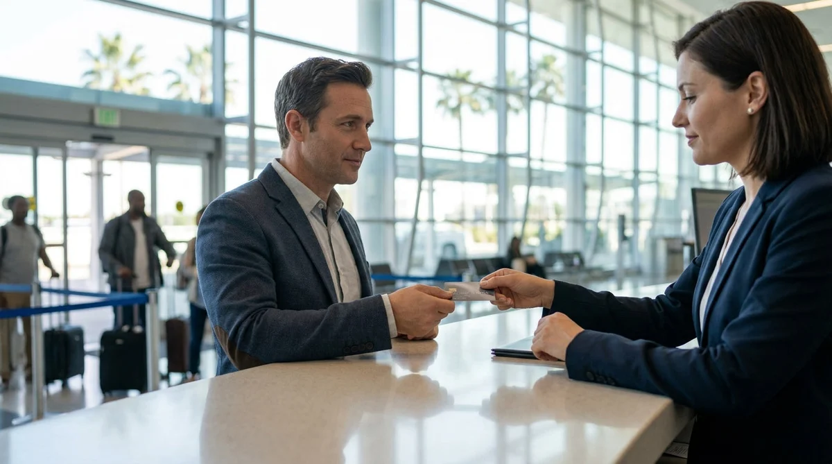 Customer handing a debit card to a car hire agent at a Los Angeles airport desk