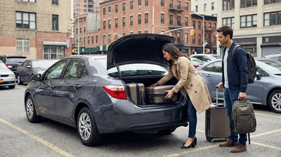 Person loading suitcases into the trunk of a car rental parked on a New York street