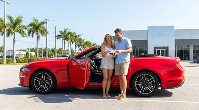 Two friends exchanging keys next to a modern car rental parked on a sunny palm-lined street in Florida