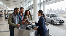 Customer handing a credit card to an agent at a New York car hire desk