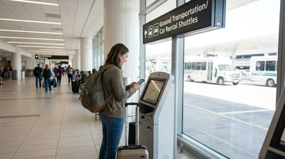 Passengers with luggage walking toward a car rental shuttle bus outside Terminal 1 in Los Angeles