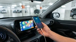 Person plugging a USB cable into a dashboard screen showing Apple CarPlay inside a New York car rental