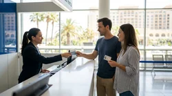 Two people handing a credit card to an agent at a Las Vegas car rental desk