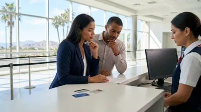 Customer presenting a credit card and driving licence at a car rental desk in California
