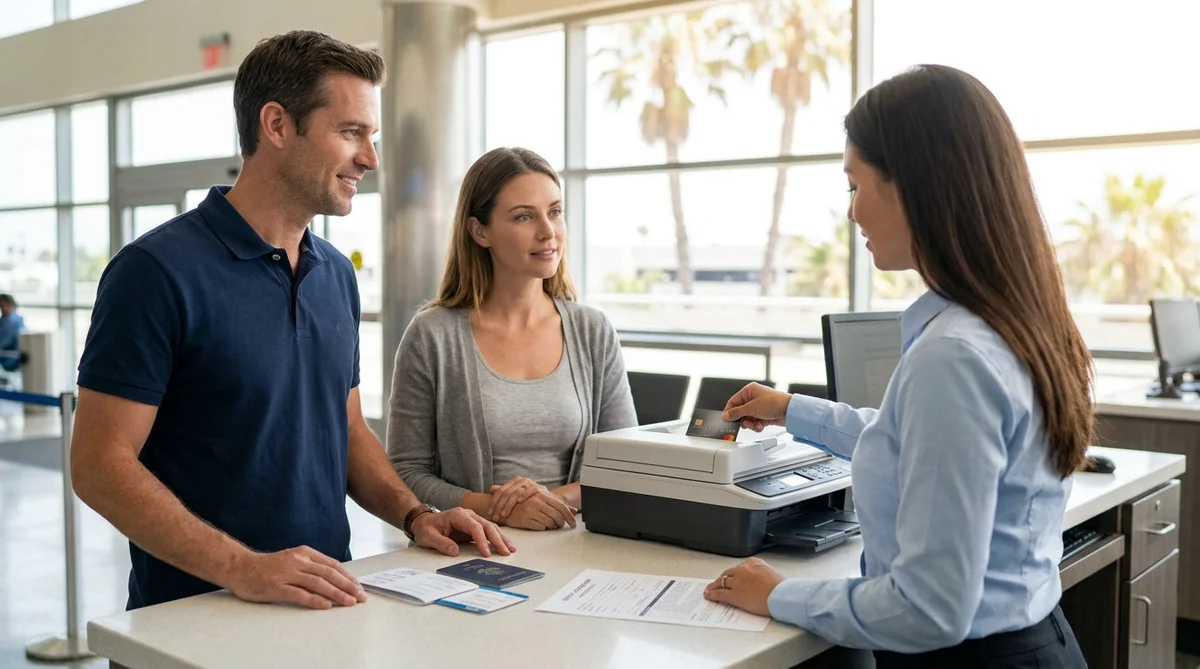 Agent photocopying a customer credit card at a California car rental desk