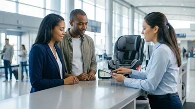 Customer receiving keys from an agent at a car hire counter in the United Estates