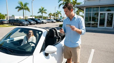 Customer handing a credit card to an agent at a car rental counter in Florida