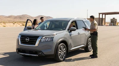 A car hire from Las Vegas parked at an overlook with a scenic view of the Hoover Dam on a sunny day