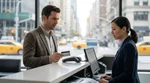 Close-up of a customer handing a credit card to an agent at a New York car hire desk