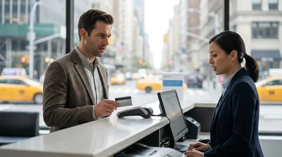 Close-up of a customer handing a credit card to an agent at a New York car hire desk