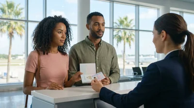 Person presenting a passport and driver's license at a Florida car rental counter