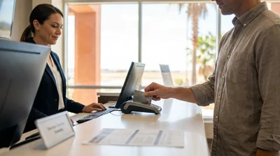 Close up of a customer handing a credit card to an agent at a car rental desk in Texas