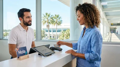 Customer handing a credit card to an agent at an Orlando car hire counter