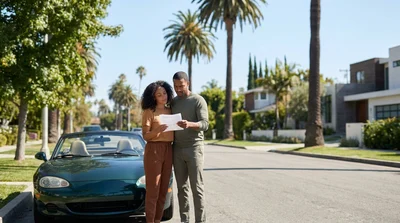 Modern car rental parked on a bright palm tree-lined street in Los Angeles