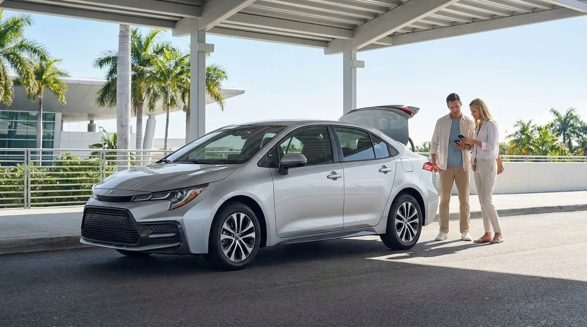 Traveler with luggage standing next to a car hire vehicle outside a Miami airport terminal