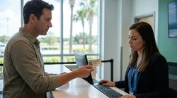 Close-up of a hand holding a damaged driving licence at a car rental desk in Orlando