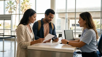 Woman receiving keys from an agent at a sunny California car rental counter