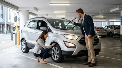 Person inspecting the tires and lights of a car rental parked on a New York street