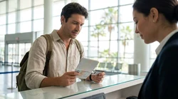 Person handing an ID card to an agent at a car rental desk in Florida